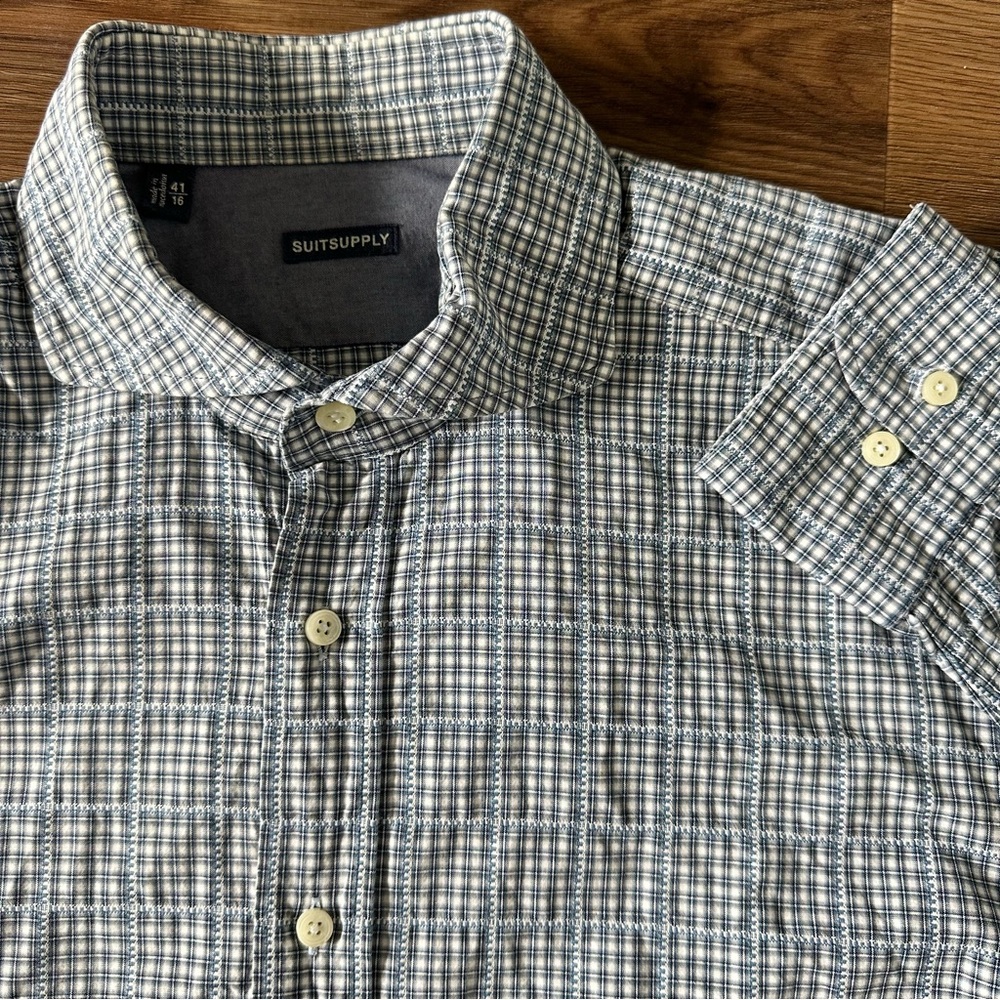 Suitsupply Mens 100% Cotton Button Up Shirt 41-16 Blue Plaid Long Sleeve Office